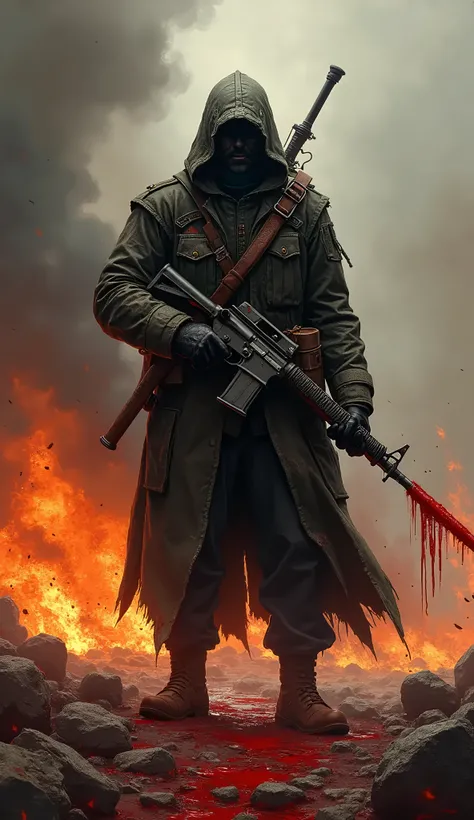 Illustration of soldier with bloody weapons and fire on background