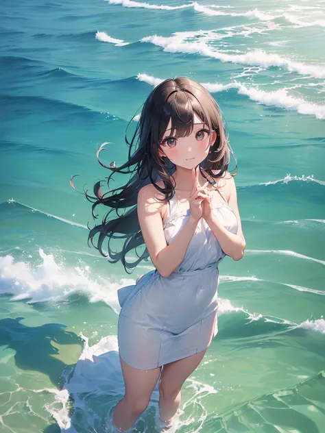 ((( Hi-Res, 超 Hi-Res、masterpiece,  anatomically correct,  won numerous awards, Best Quality,  HIGH DETAILS,  Ultra High Definition, )))、(((beautiful fingers、beautiful hands,)))kawaii、JK、Sea sand beach、Water&#39;s Edge、barefoot、（water droplets）、Pour water o...