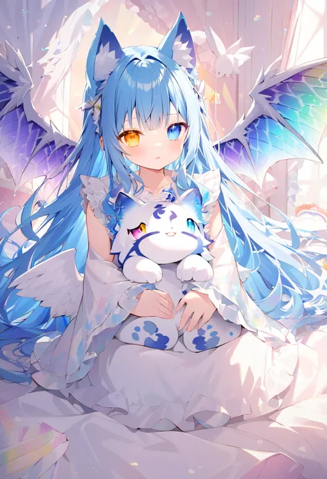  bed　morning　  girl　  sitting around a bit　 bright 　 rainbow heterochromia 　Dragon-like wings　Big Wings　Cat ears　White and blue hair　 cute face　 girlの顔　pajamas　 my pet dragon is lying next to me　White Wings