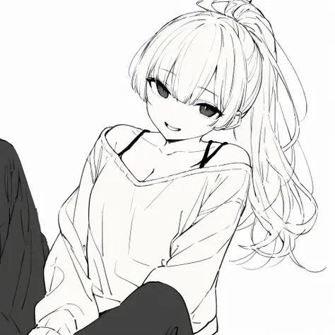 masterpiece, best quality, monochrome, lineart, (1 girl:1.2), solo, 20 years old, long-ponytail, white hair, black eyes, (roll up long sleeve), (white baggy sweater:1.1),(cleavage:1.1), (wearing sweater diagonally:1.1),(under black camisole:1.1),hair betwe...