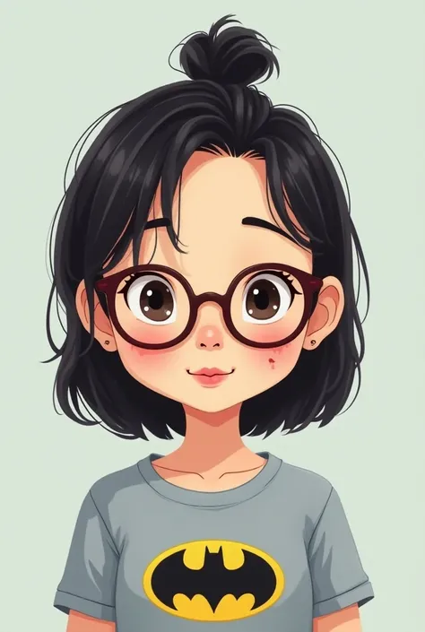 
An Asian girl with middle hair, wearing prescription glasses, with a small beauty mark near her left eyebrow and another one below her lips. She also has a round face and her tee shirt with bathman logo ,as cartoon 


