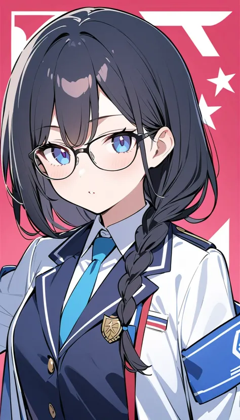  school student council president 、 school uniform、glasses、Black hair、2-sided braid 、 student council president sleeve on uniform,,Uniquely reliable