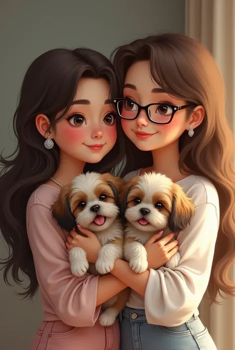 1short lesbian and 1 tall lesbian with eye glasses both with long hair holding a smiling Shihtzu puppy each