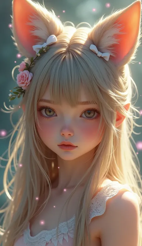 1 girl, extremely detailed, long hair, blushing, smiling, red eyes, hair ribbon, fox ears, sparkling effects, best quality, 4k, 8k, highres, masterpiece:1.2, ultra-detailed, realistic, photorealistic, photo-realistic:1.37, HDR, UHD, studio lighting, ultra-...