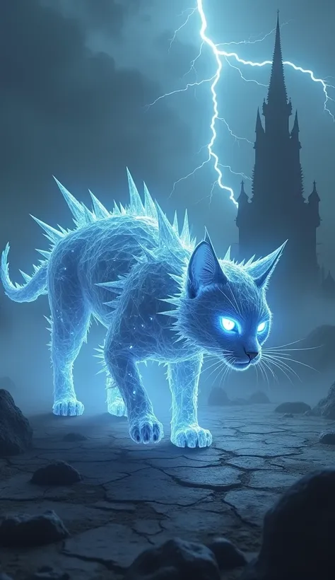 **"A terrifying and mesmerizing cat, its entire body made of jagged, translucent crystal and glowing diamonds. The cats sleek form is carved from shimmering, icy crystal that catches the light in eerie patterns, reflecting sharp, angular diamond formations...