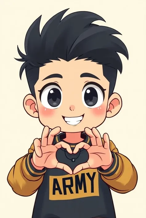 I want a cartoon I want Chibi style by Namjoon by BTS Making a Heart, I want him with dark hair , Shaved on the sides mohawk style with a smile, Focus on the dimples on the cheeks,  little eyes drawn Korean style and the clothes with the acronym Army rappe...