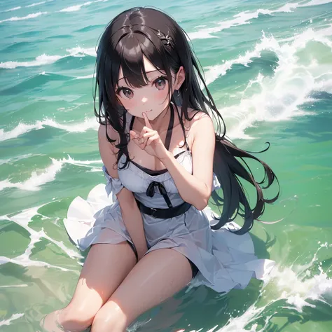 ((( Hi-Res, 超 Hi-Res、masterpiece,  anatomically correct,  won numerous awards, Best Quality,  HIGH DETAILS,  Ultra High Definition, )))、(((beautiful fingers、beautiful hands,)))kawaii、JK、Sea sand beach、Water&#39;s Edge、barefoot、（water droplets）、Pour water o...