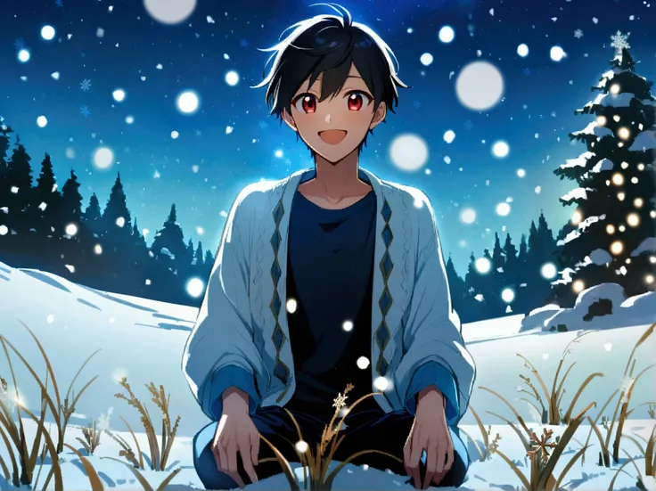 Anime, 19 years old boy, beautiful, happy, attractive, love, black hair, red eyes, light blue t-shirt, white long jacket, dark blue pants, snow glow power, blue sky night with stars, snowflakes, snowy meadow environment