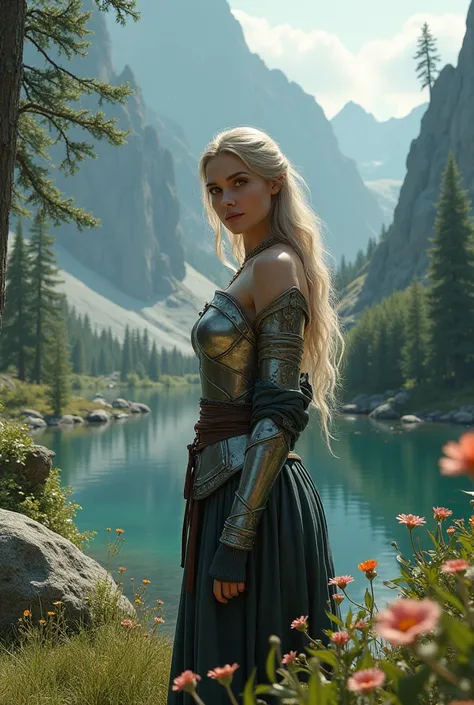 Skyrim style, Dark Blonde, Staring at, Honey Eyes, Mountain々, summer, tree々, torch, silver armor, leather, flower, lake, woman, smile