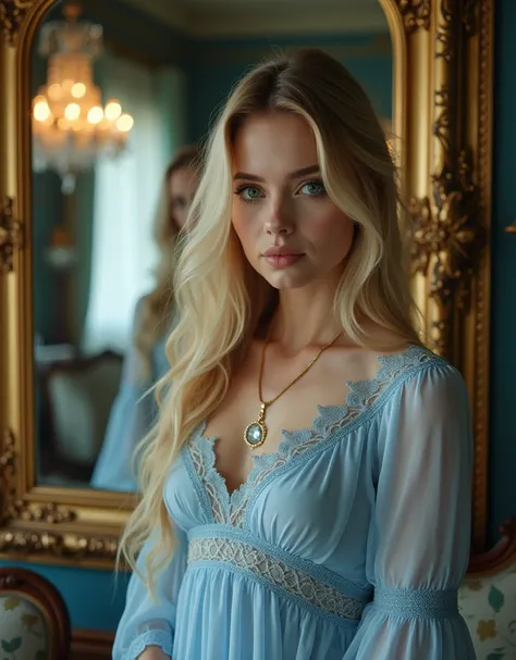 The image is a portrait of a sexy young woman with long blonde hair. She is standing in front of a gold-framed mirror, looking directly at the camera with a serious expression. The woman is wearing a light blue dress with intricate lace detailing on the bo...