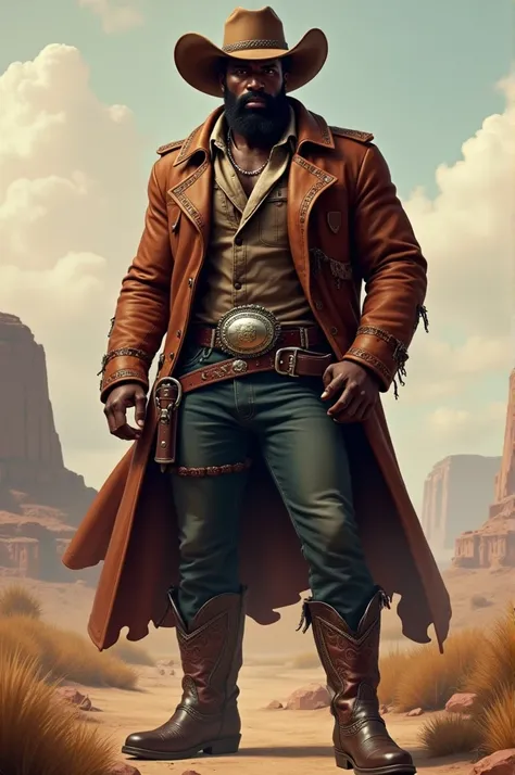 A big burly black man with fancy cowboy boots a big belt buckle and a cowboy hat. He is handsome and has a short black beard