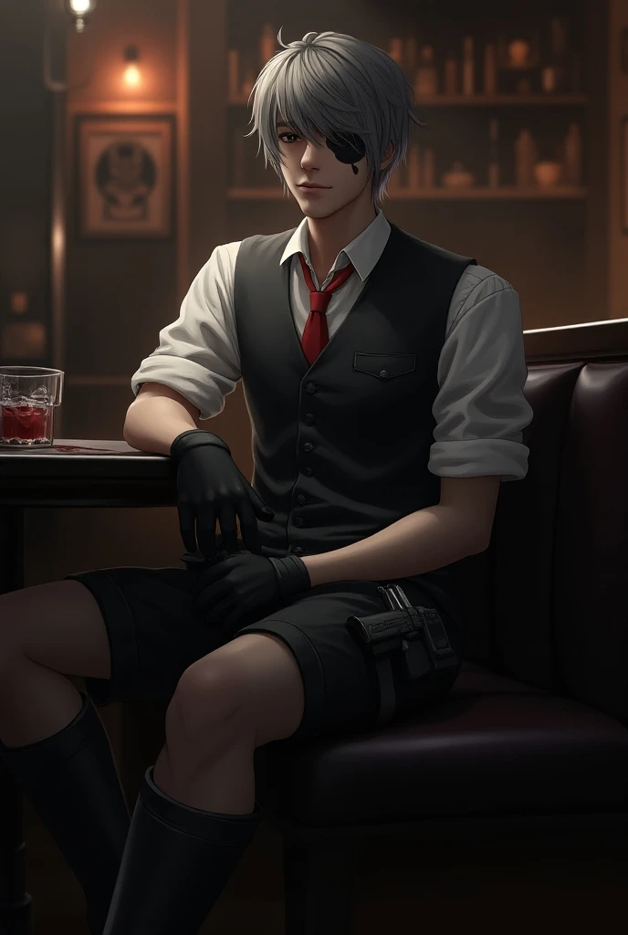 13. Pale summer boy . Shaggy black hair .
  black eyes. There is a black bandage on the left eye.  The shirt also has a button vest {x} Dressed in a short-sleeved white shirt with a red tie on the collar.  The left eye is covered by a black bandage .  Blac...