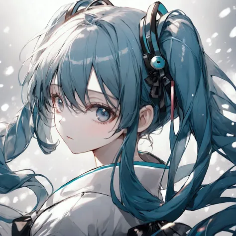  A hot anime girl . Hatsune Miku in a black and white outfit. long blue hair. anime style.