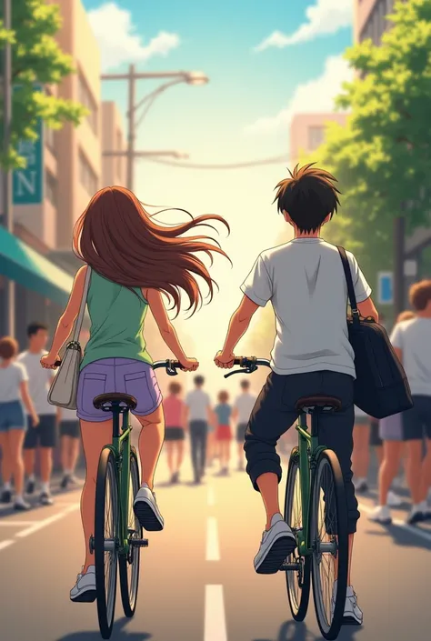 A beautiful anime girl cycling, light green sleeveless top & light purple short pant, white bag, white shoe, brown long hair flowing in wind, with a boy, white tshirt, black casual pant, black bag, white shoe, cycling with her, in a crowded  road, near a c...