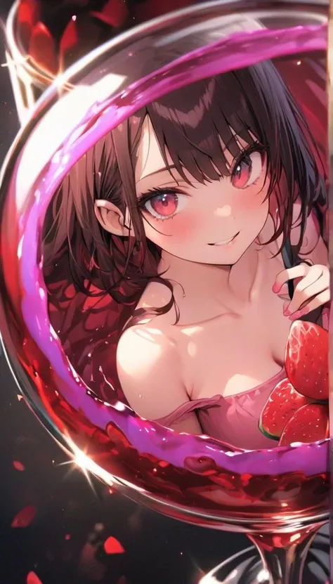 (Best Quality), highly detailed CG unity 8K wallpaper , Super detailed, Best Quality,  1 girl, Inside the container,    cocktail glass ,  full body、The human body is based on human anatomy、瞳は特にSuper detailed