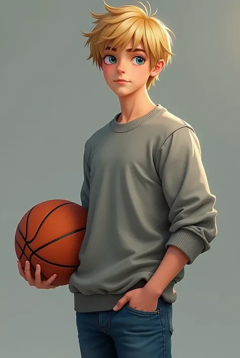  Create a teenager with blond hair he has no bangs . He is stocky  .He has blue eyes.  He is wearing a gray pollover . Plus jeans .  He is holding a basketball  