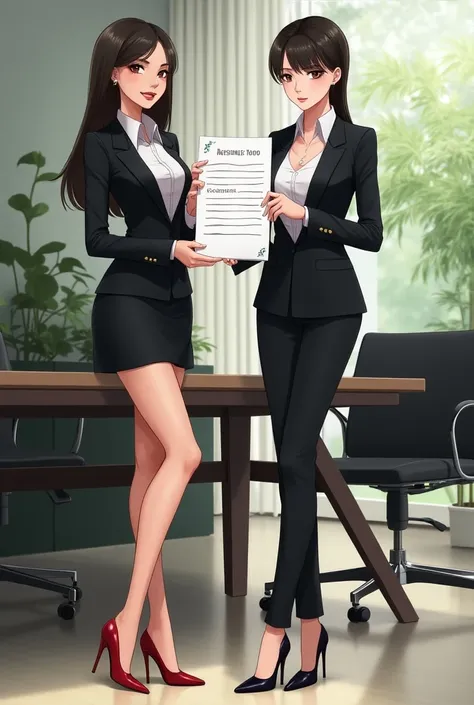 2 girls,Roromia,Toritachi Chiyo,Holding a document to display at a large meeting, 在有綠意的現代辦公室中穿著緊身西裝裙裝和黑絲襪及 Super high heels thin heels , wear glasses, Look at the front of the girls from the ground,  Super high heels thin heels ,  Slim Long Legs,  Confiden...