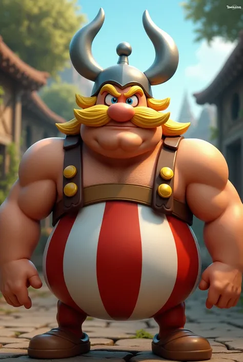 Fusion between Obélix and Astérix yellow mustache blue eyes 