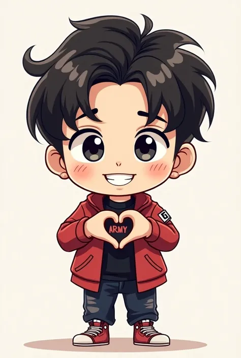 I want a cartoon I want Chibi style by Jhope by BTS making a heart with one hand Korean style, I want him with dark hair , with a giant smile,  glowing eyes ,  little eyes drawn Korean style and the clothes with the acronym Army rapper style 