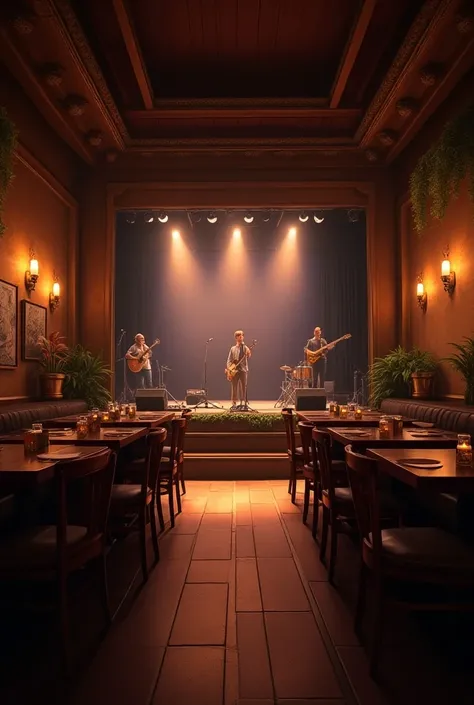 Create the interior of an empty restaurant , View from a table,  that has warm tones and that shows a stage ready for a concert 