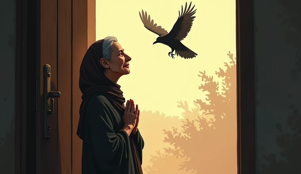 Image prompt: Standing by the open doorway, old Saira watches the crow disappear into the sky. Her expression is one of quiet acceptance, her hands clasped at her chest as she tries to console herself. A subtle smile emerges, as if she believes the crow’s ...