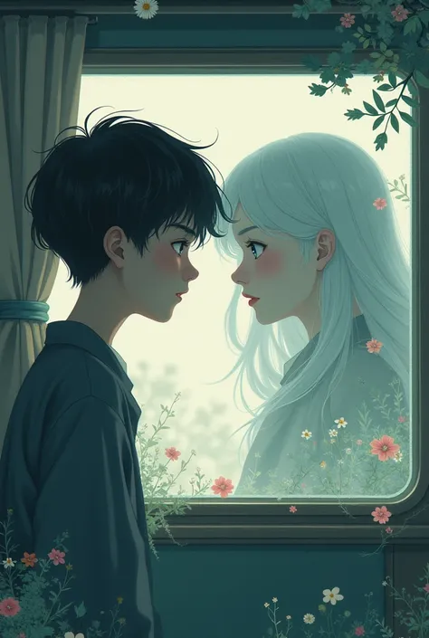  Generate the cover for a book entitled look back ,  where a boy is looking through a glass of an omnibus ,  and the memory of his platonic love, a girl with wavy hair as white as the moon. This happens in the amane er .  That in large letters this  :  sto...