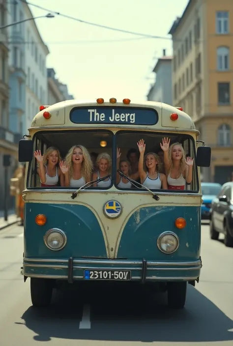  the Swedish bus ,  the driver runs away ,  the bus is crowded with people ,  blonde Swedish volleyball players ,  looking back and waving out the window ,  Very realistic ,  you can see the bus moving away from you from behind (Women only)  bus sign says ...