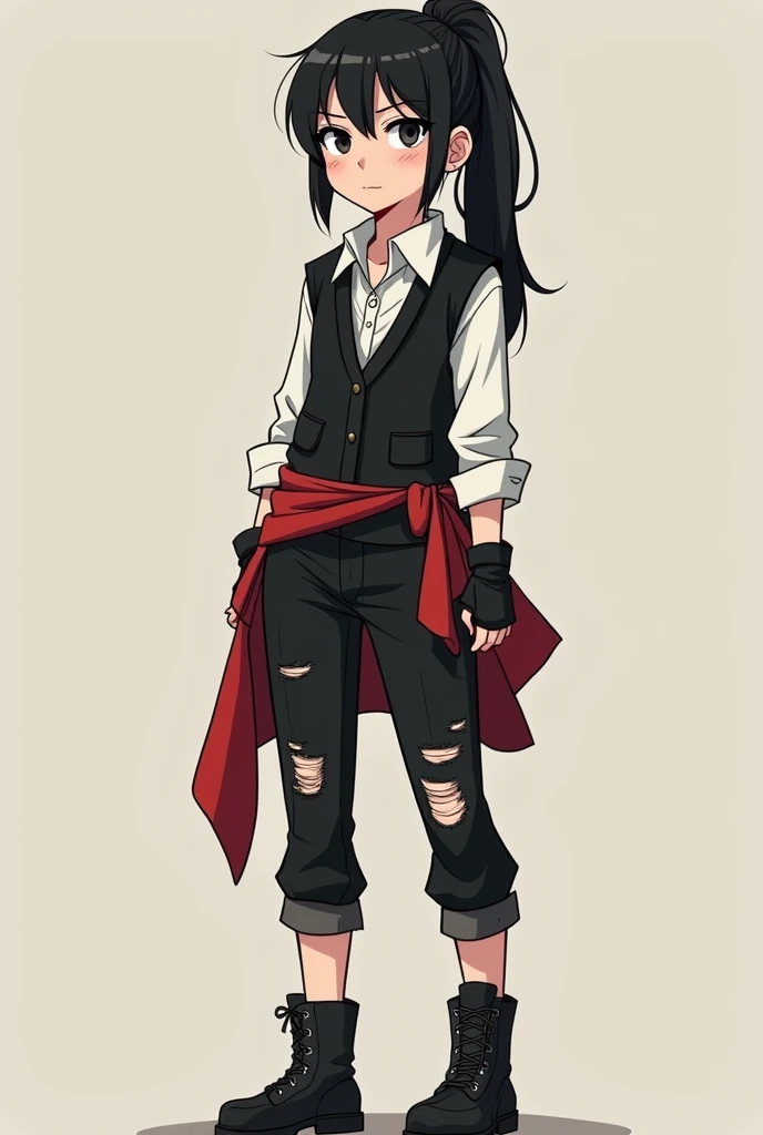  Inspired by the costume of a cartoon thief ,  I want a  girl ,  with a careless and poor style ,  also inspired by the clothes of a thief ,   wearing a black vest ,  white shirt inside the vest and knee-length pants , Broken black ,  with a piece of red f...