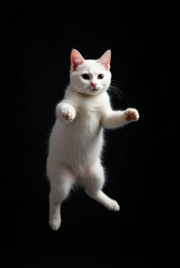 Image d’un chat serin sauter suspendue en l’air comme ont le voyait passer les patte de derrière tendus au même niveau tout comme les pattes de devans tout blanc san melange de couleur les yeux noir , arrière plans tout  noir comme la marque pumant  