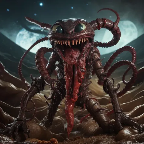 3D rendering, a toy, hi-res photograph, action figure, a formless eldritch horror covered in eyes and mouths devouring a planet, slimy and creepy, horrible looking, to be humanoid, professional photograph , full body shot, digital image.