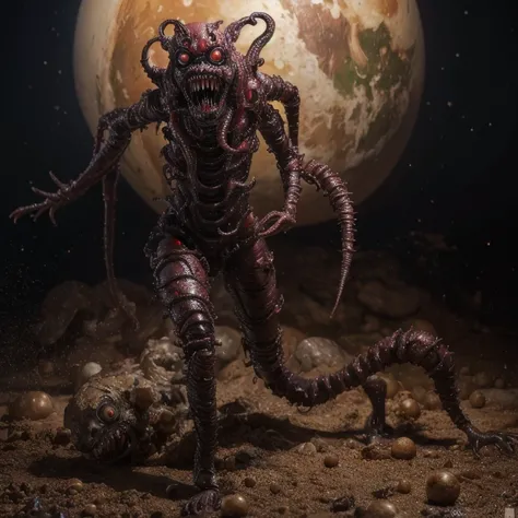 3D rendering, a toy, hi-res photograph, action figure, a formless eldritch horror covered in eyes and mouths devouring a planet, slimy and creepy, horrible looking, to be humanoid, professional photograph , full body shot, digital image.