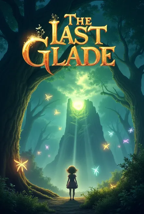 "A mystical fantasy movie poster for The Last Glade. The poster shows a young girl, Lyla, standing at the edge of a glowing enchanted forest, with soft beams of light shining through the trees. Ethereal, luminous fairies hover around her, their wings shimm...