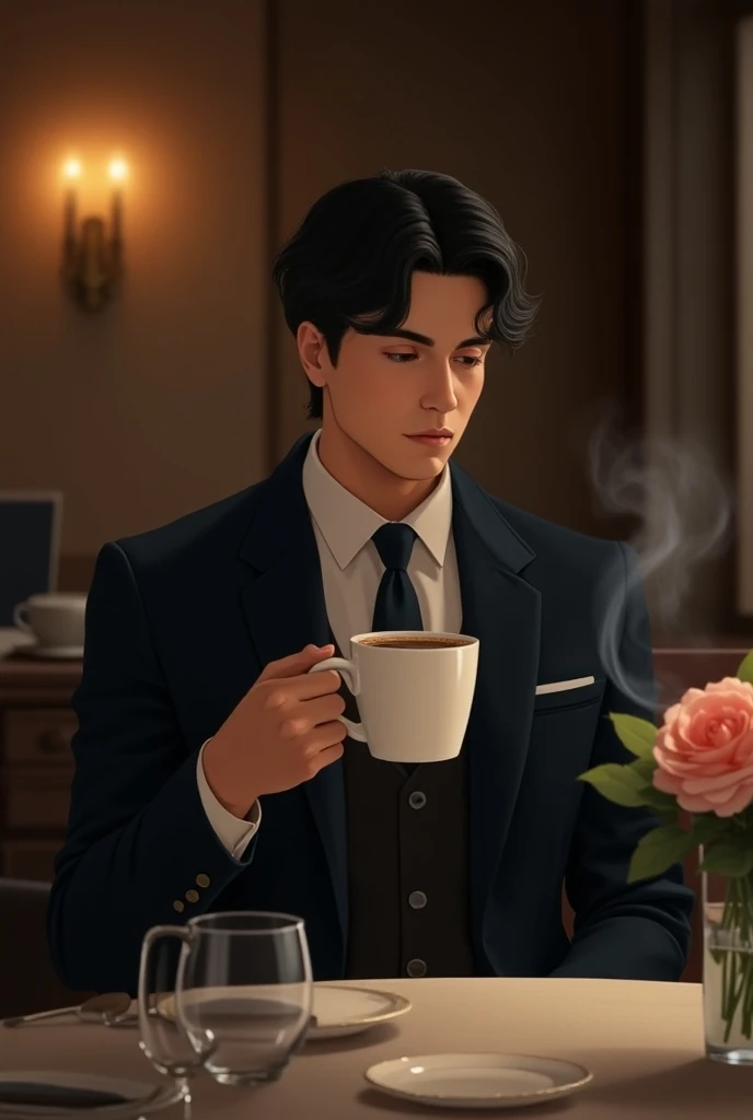 Black-haired husband (28 years old) Drinking coffee in the dining room ( is dressed formally to go out)