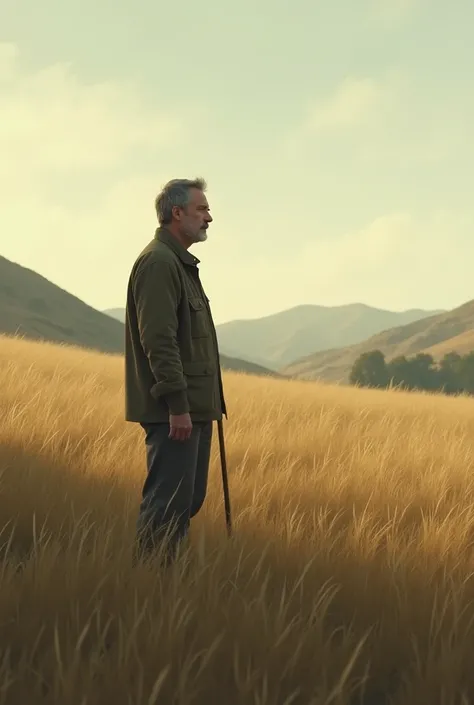 Very calm father alone in a field