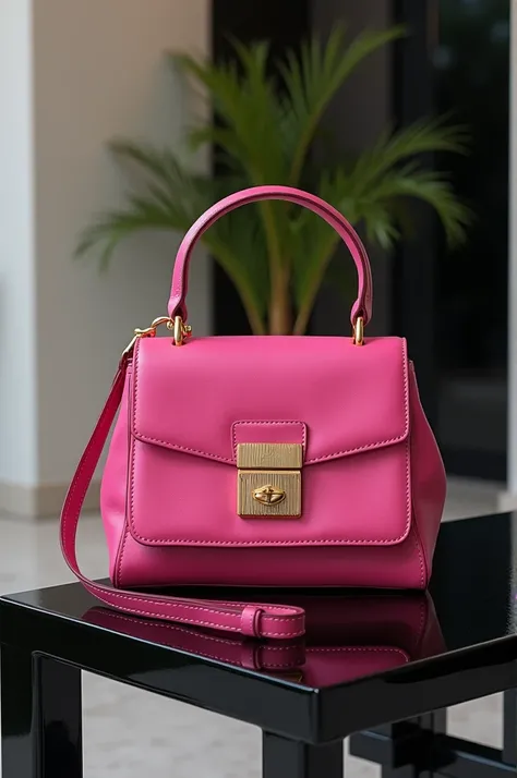 A pink hand bag with gold metal design on a glass black bench