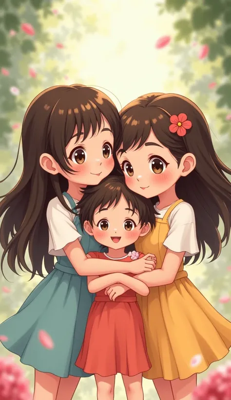 Two twin sisters hug their little brother brother, anime-style art