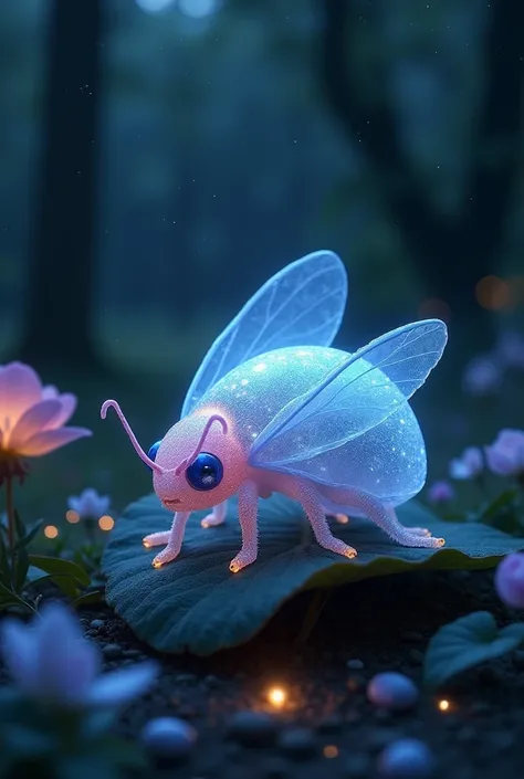 Create a mystical scene featuring a surreal hybrid creature combining ladybugs and moonstones. The ladybugs body is transformed into smooth, iridescent moonstone, glowing softly with a pale blue and violet light, reflecting the moonlight. Its wings are del...