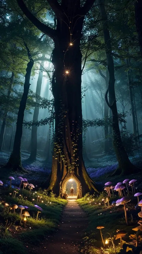 A twilight magical forest scene with sparkling fireflies, glowing flowers, and tiny whimsical creatures. The ground is covered with vibrant, luminous mushrooms. In the background, theres a mysterious hidden doorway in an ancient tree, softly illuminated, i...