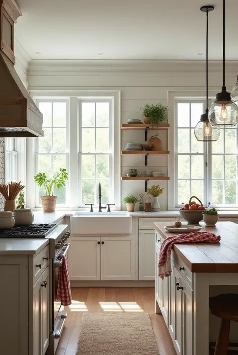 Farmhouse Elegance: A Bright Kitchen with Whitewashed Shiplap Walls

Details:

Setting and Atmosphere:
The kitchen is bright and airy, with soft whitewashed shiplap walls that create a sense of openness and cleanliness. Large windows bring in natural light...