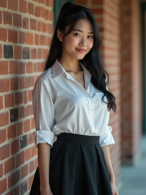 UltraHD real photo  ,Thai Woman , Beautiful girl  ,  Best Quality, 20 year old Thai girl in school uniform standing next to a luxurious brick wall, She unbuttons a transparent white shirt ,(((middle thicc,  reveals snow-white soft plump tits :1.4, nsfw)), ...