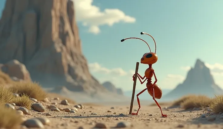 A tiny ant holding a stick to stand like human  at the base of an enormous mountain , The ant has a very arch in its posture, indicating back pain, and one of its tiny arms is pressed against its lower back for support., appearing determined yet visibly st...