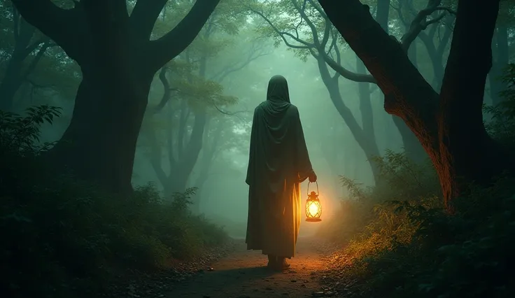 Create an image of a person holding a glowing lantern, walking through a dark forest. The lantern should shine a bright light, illuminating the path ahead and revealing a hidden world of wisdom and transformation. The atmosphere should suggest the journey ...