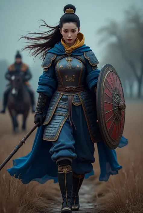 (masterpiece, Best Quality, Beauty, Best ratio, Best Shadow)  ultra high resolution,(chinese women kung fu), korean Beauty like tae yon, Full body pose fully displayed, Glowing red eyes,  hair blown in the wind ,  A general in a blue cloak wears full body ...