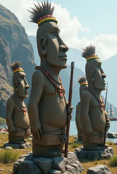  hyperrealistic,  6 living rock-colored ,  Indians similar to the Easter Island sculpture,    with headdresses and multicolored clothes like American Indians  . One of them with axes and steel saws .  Mountain island with caravels loaded with wooden logs s...