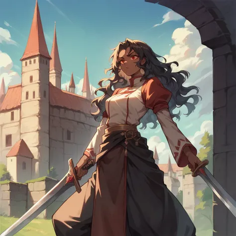 a dark skin woman in her late 20s with long rough wavy hair and red eyes. she stands outside a castle. she is wearing peasants clothes and is wielding a sword in one hand.