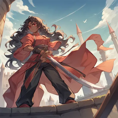 a dark skin woman in her late 20s with long rough wavy hair and red eyes. she stands outside a castle. she is wearing peasants clothes and is wielding a sword in one hand.