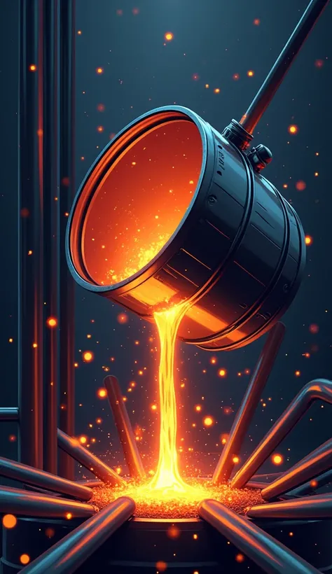 Create a flat vector logo of a tilted bucket shaped vessel filled with glowy and pouring molten metal in hole creating fire sparkles, vessel is passing through long horizontal metal rods reaching out of frame, digital artwork style, front view, artistic.