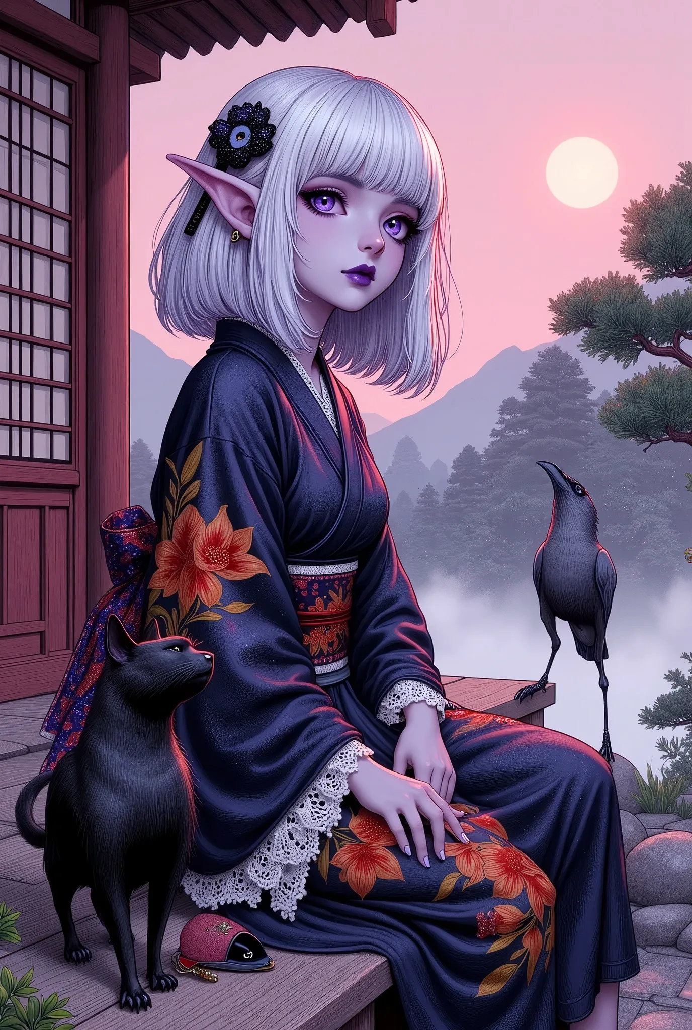 (Ultra-detailed face, Looking away, Fantasy Illustration with Gothic, Rich tone colors.), BREAK 
(Site of a Japanese shrine. The sky is tinted pale pink by the morning sun. A dark elf maiden with a melancholy expression sits on a wooden bench, a shrine amu...