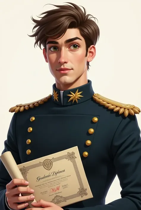 a man dressed as a gendarme with green eyes, short brown hair, thick lips small nose and round face avatar drawing holding a graduation diploma
