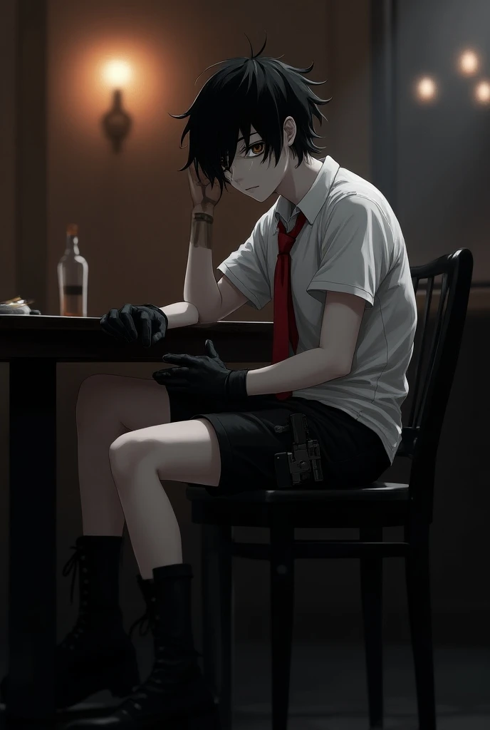   pale boy . Shaggy black hair .
  black eyes.There is a black bandage on the left eye.  Wearing a short-sleeved white shirt with a red tie on the collar.  The left eye is covered by a black bandage .  Black gloves on his palms ,  black short shorts. Pisto...